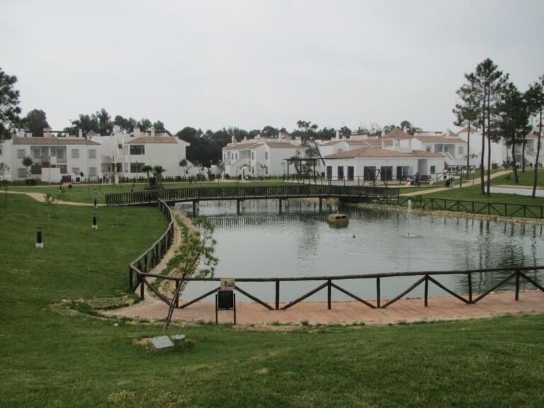 El lago artificial con fuente y paseo peatonal en el jardín del alojamiento