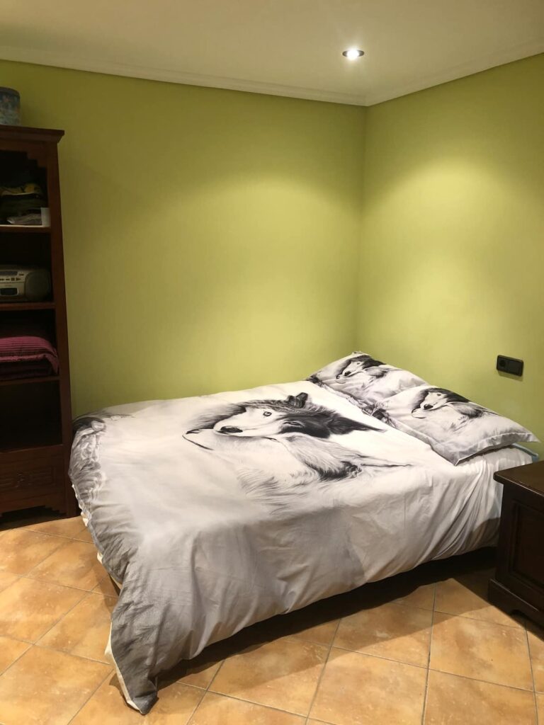 La habitación cuenta con una cama doble con una colcha con un diseño de perros collie