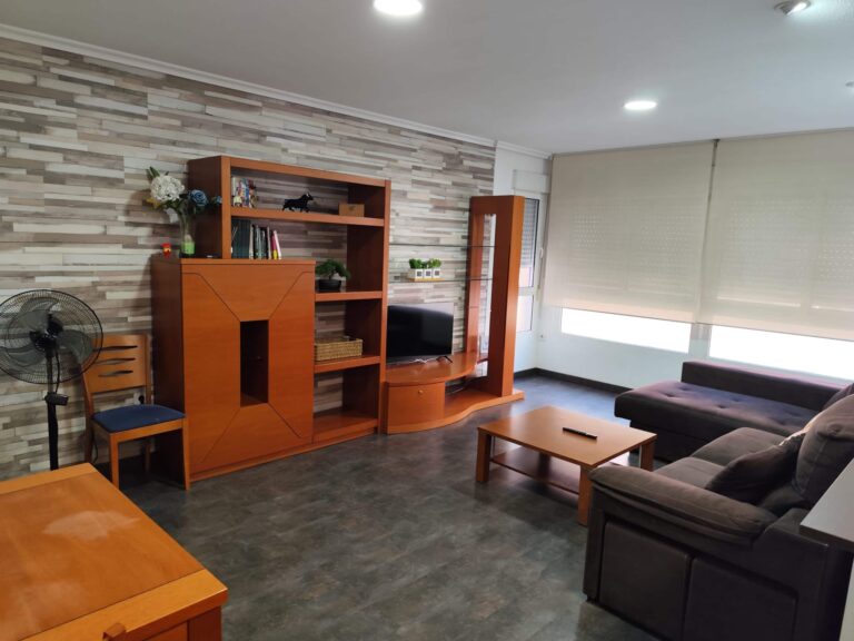 Un salón de un alojamiento en Elche, con un sofá de color marrón, una mesa de centro y una televisión en un mueble