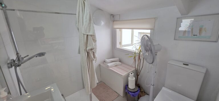Bano con ducha, lavamanos, inodoro, lavadora, secadora, bidet, lavavajillas, toallas, jabon, champu, gel, papel