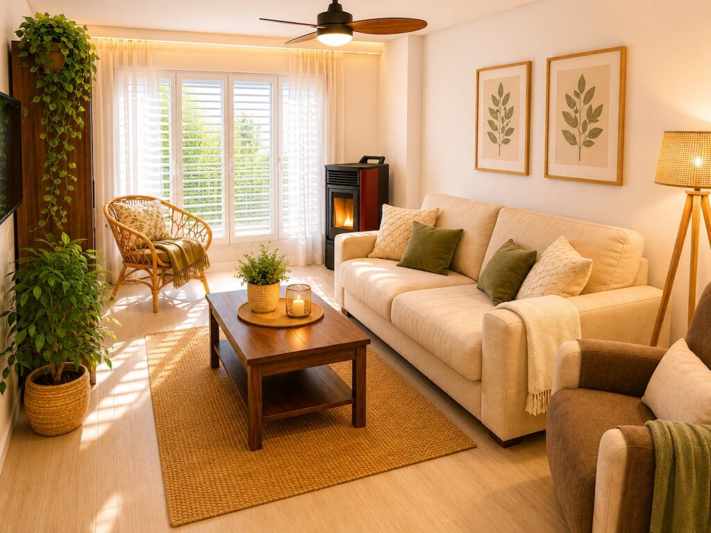 Una sala con un sofá blanco y una planta en un jarrón