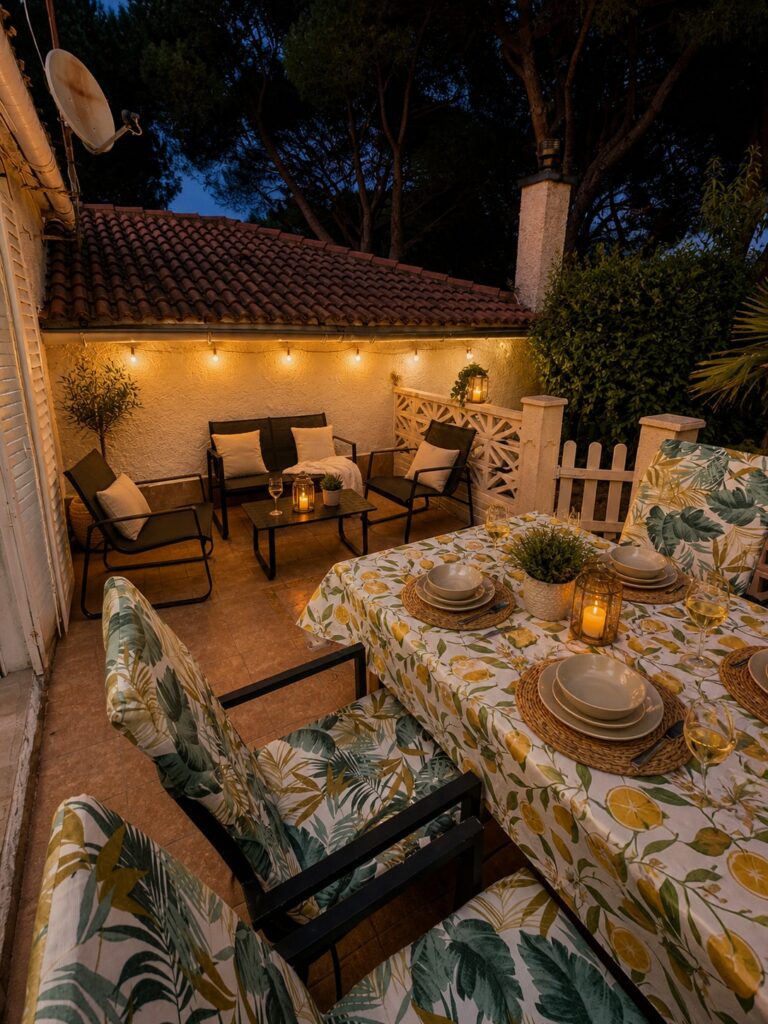 Este patio exterior de un alojamiento en San Martín de Valdeiglesias, con una mesa de comedor y sillas, ofrece
