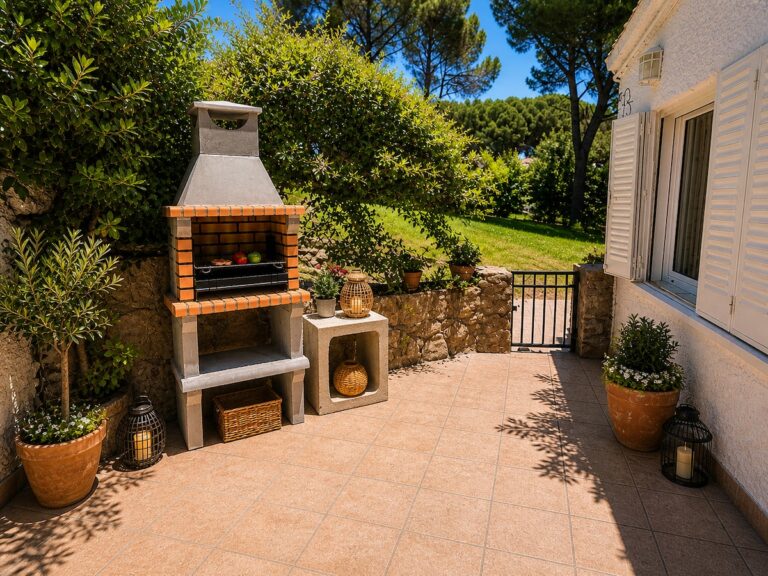 Un patio con un horno de barbacoa y un jardín