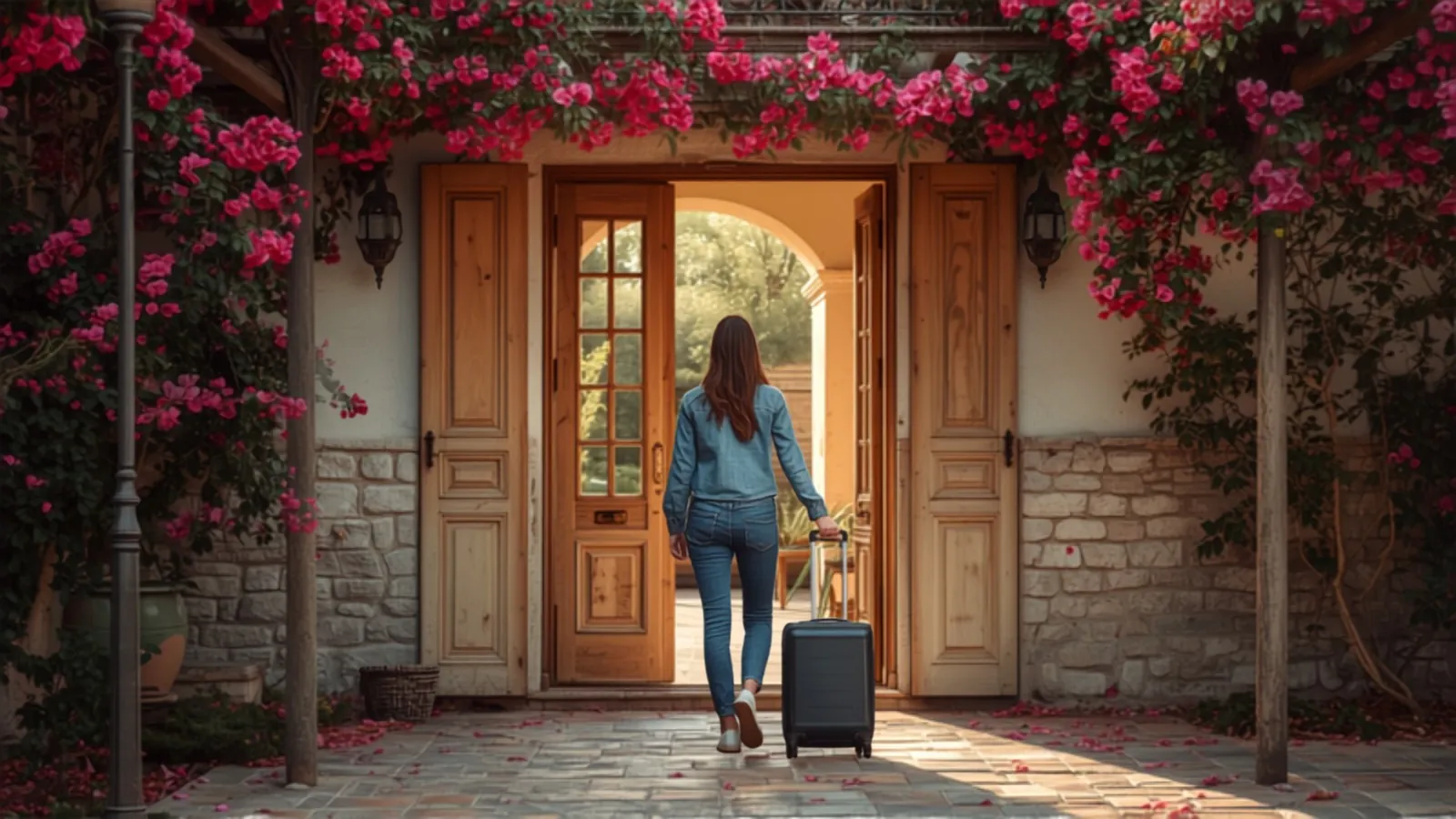 Viajera llegando a un alojamiento vacacional con reserva directa