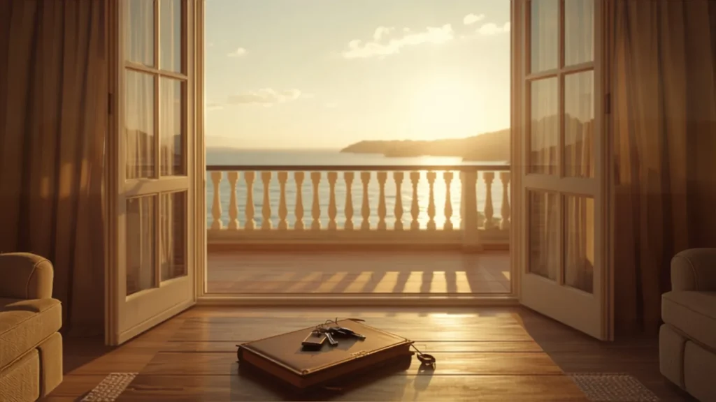 Salón de un alojamiento vacacional con terraza al mar al atardecer y llaves de la entrada