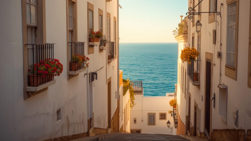Calle encalada del casco antiguo con vistas al mar, ambiente típico de Málaga