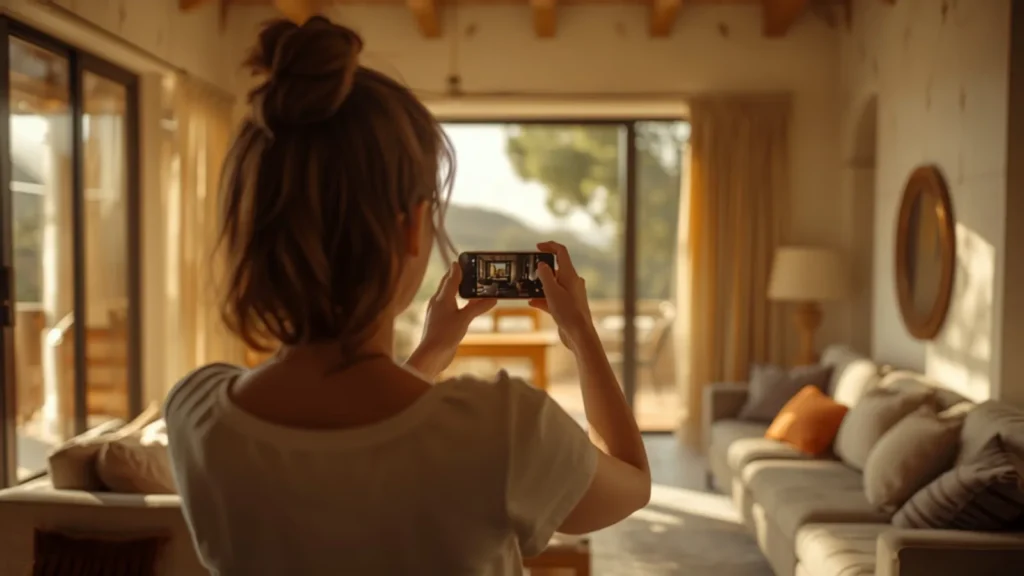 Propietaria fotografiando el salón de su vivienda turística para darle visibilidad online