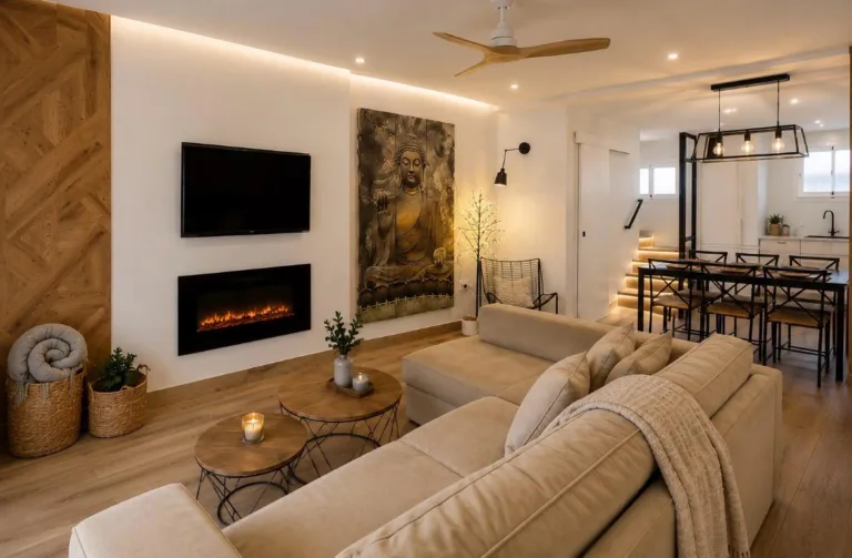 Una sala de estar con un sofá beige, dos mesas de madera, un televisor y una chimenea eléctrica