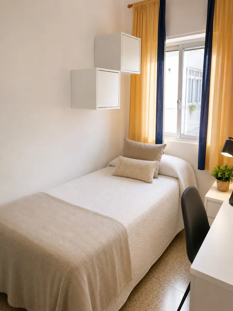 Una habitación pequeña con una cama individual y una mesa de escritorio
