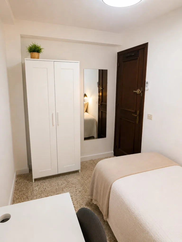 Una habitación con un armario blanco y un espejo rectangular