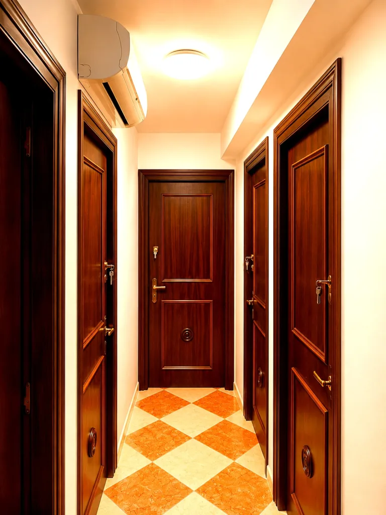 Una pasillo con aire acondicionado y puertas de madera