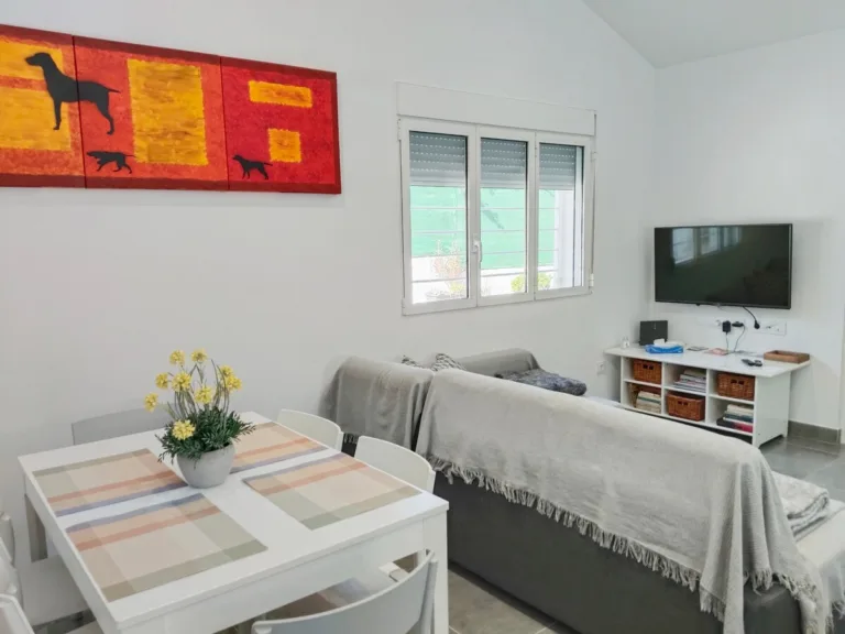 Una habitación con un estilo minimalista y decoración moderna, con paredes blancas y un suelo de hormigón gris claro