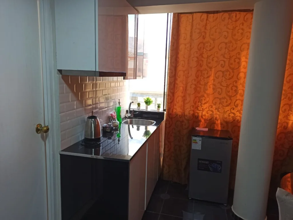 Una cocina pequeña con un fregadero y un microondas