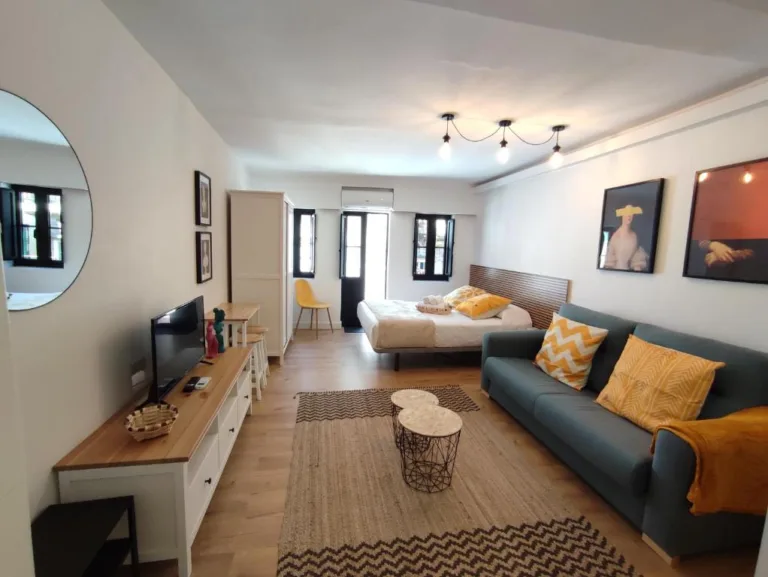 Un salón con un sofá y una televisión